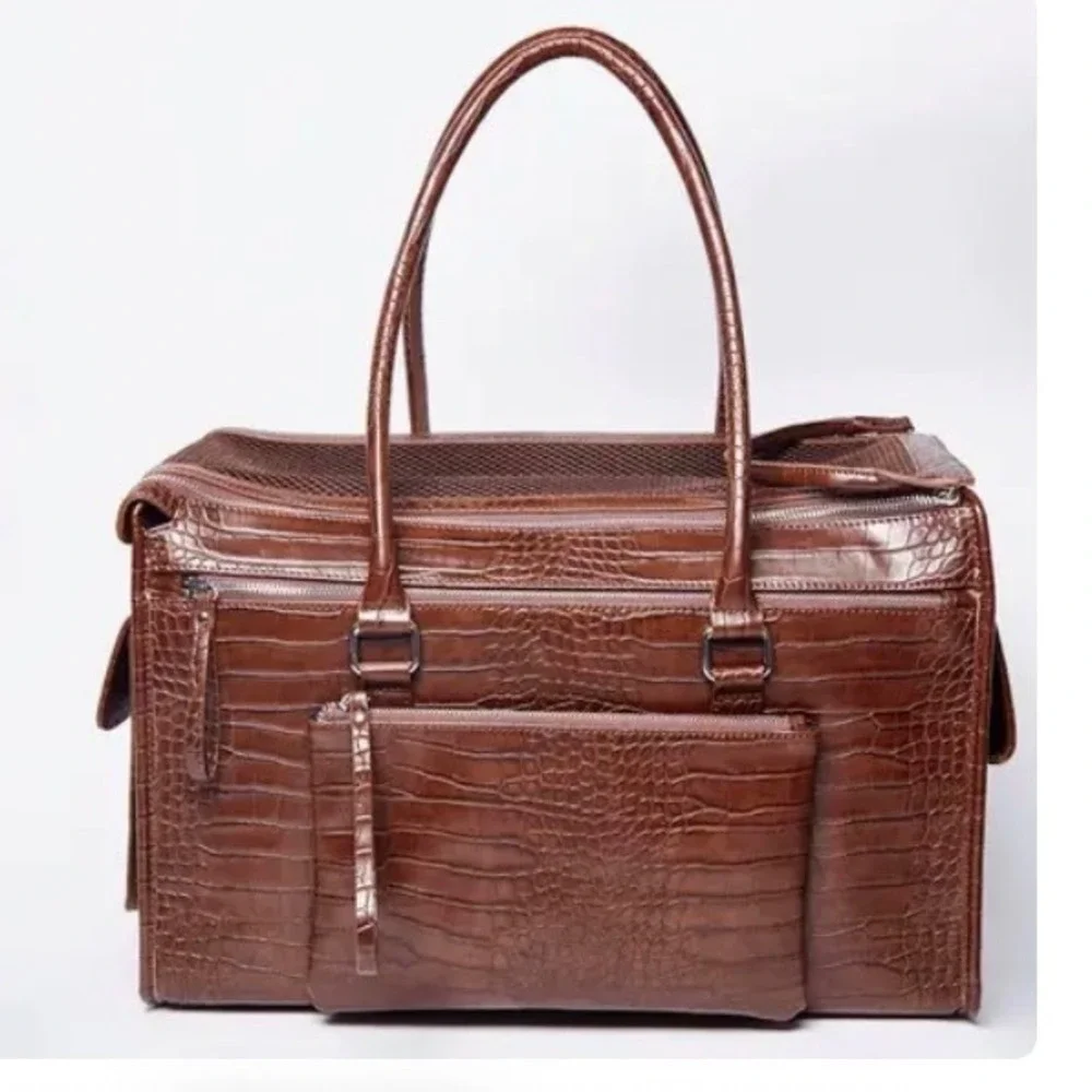 Croc Embossed Faux Leather Pet Carrier Brown Mesh Dog Cat Travel Bag 17in